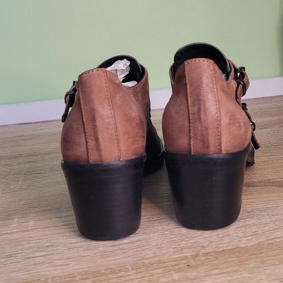 Women's Tan and Gray Leather Buckle Shoes Chunky Heel Grandpacore 39 - Picture 4 of 13